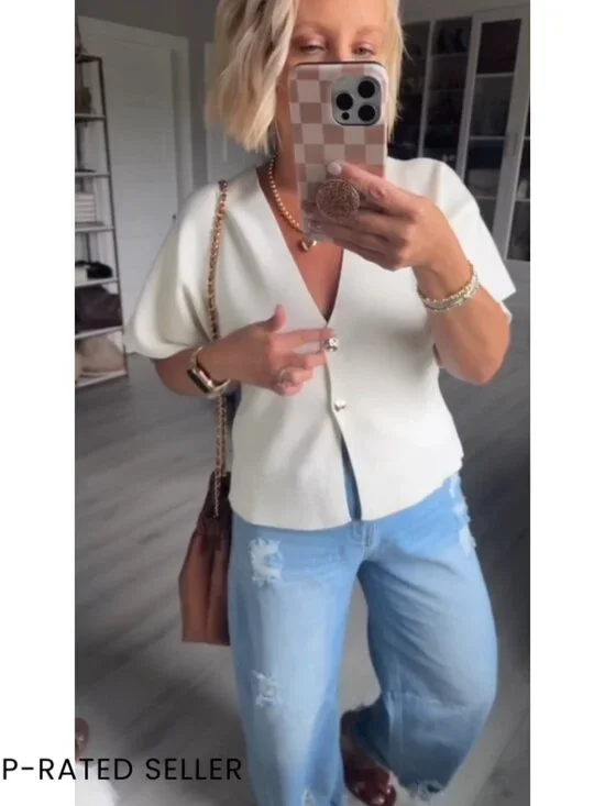 Oversized V-Neck Cardigan Lightweight Knit Casual Button Down Short Sleeve - Picture 7 of 7